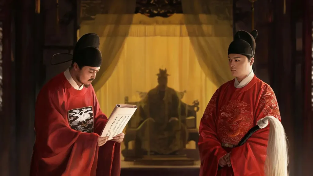 A symbolic Ming court scene in which a Grand Secretary and a eunuch director flank the blurred figure of the emperor behind a screen, illustrating the informal flow of power after the abolition of the chancellorship.