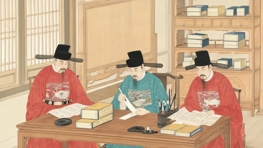 Ming Grand Secretaries at work in the inner court, drafting rescripts on memorials. Though officially mere advisers, they became the de facto coordinators of the central government.