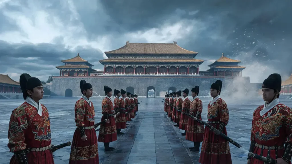 A realistic depiction of the Meridian Gate plaza in the Ming dynasty's Nanjing imperial palace in early 1380. The sky is overcast, and guards in Jinyiwei uniforms stand rigidly in a tense, foreboding atmosphere.