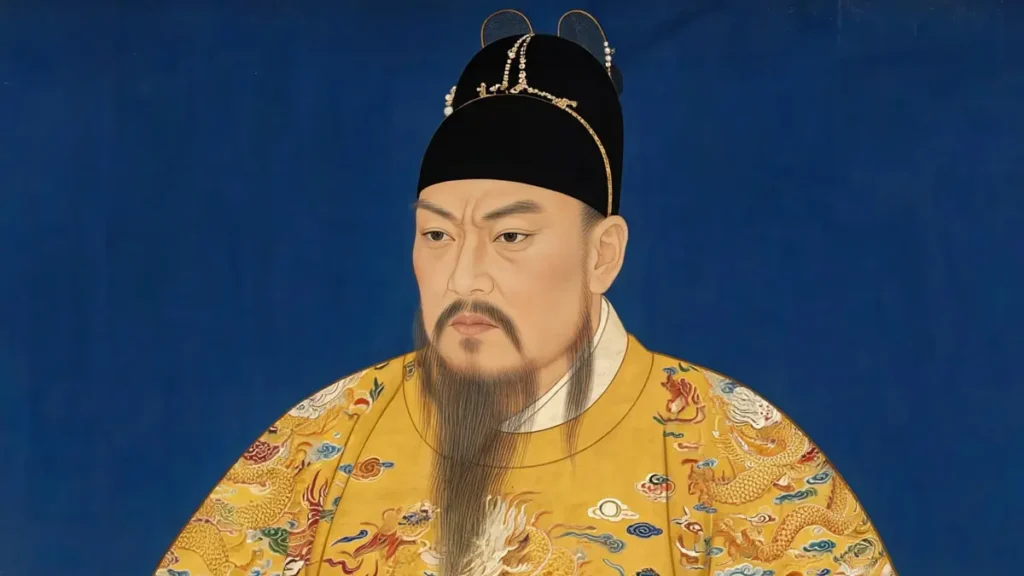 A formal court portrait of Zhu Yuanzhang, the founder of the Ming Dynasty. He is a middle-aged man with a commanding, suspicious gaze, a prominent jaw, long facial hair, and is wearing the elaborate yellow dragon robe and winged hat of a Chinese emperor.