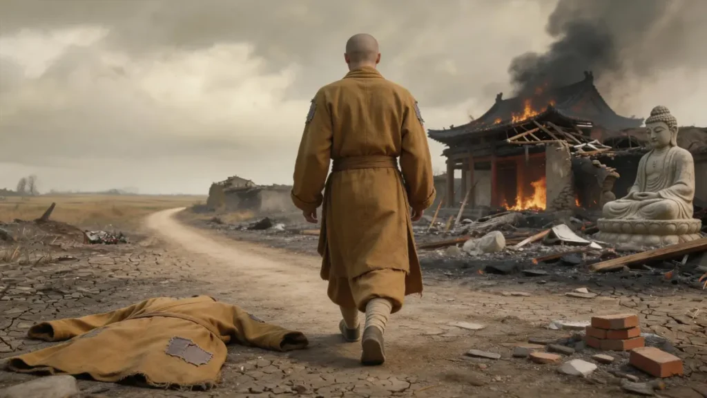 After Huangjue Temple is burned down by Yuan troops, Zhu Yuanzhang casts off his monk's robe and sets out to join the Red Turban army.
