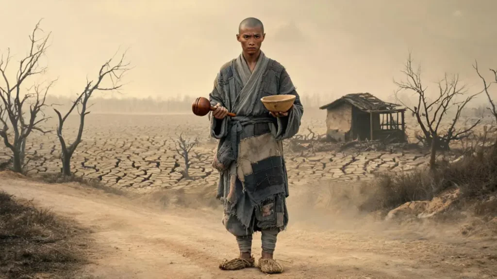 A gaunt young Zhu Yuanzhang as a begging Buddhist monk in a desolate, drought-stricken 14th-century Chinese landscape.