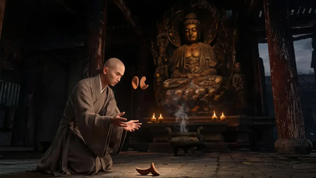 A 24-year-old Zhu Yuanzhang in Ming dynasty monk robes kneeling in a dark Buddhist temple, casting divination lots before a decaying gilded Buddha statue, oil lamps illuminating his tense face