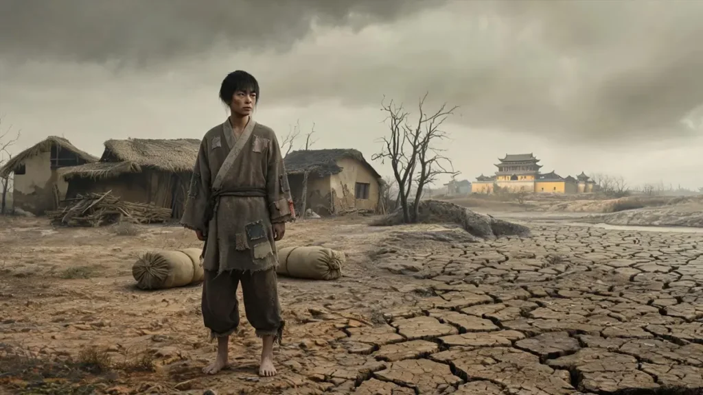 A 17-year-old Zhu Yuanzhang—then still called Zhu Chongba—on the famine-ravaged Huai River plains in 1344. Within a month, drought, locusts, and pestilence killed his entire family. He had no land to bury them.