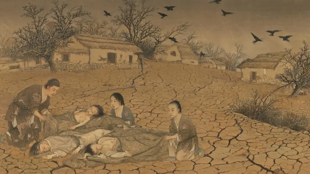 14th-century Chinese painting style scene of the teenage Zhu Yuanzhang mourning as his family's bodies are prepared for burial during the great famine.