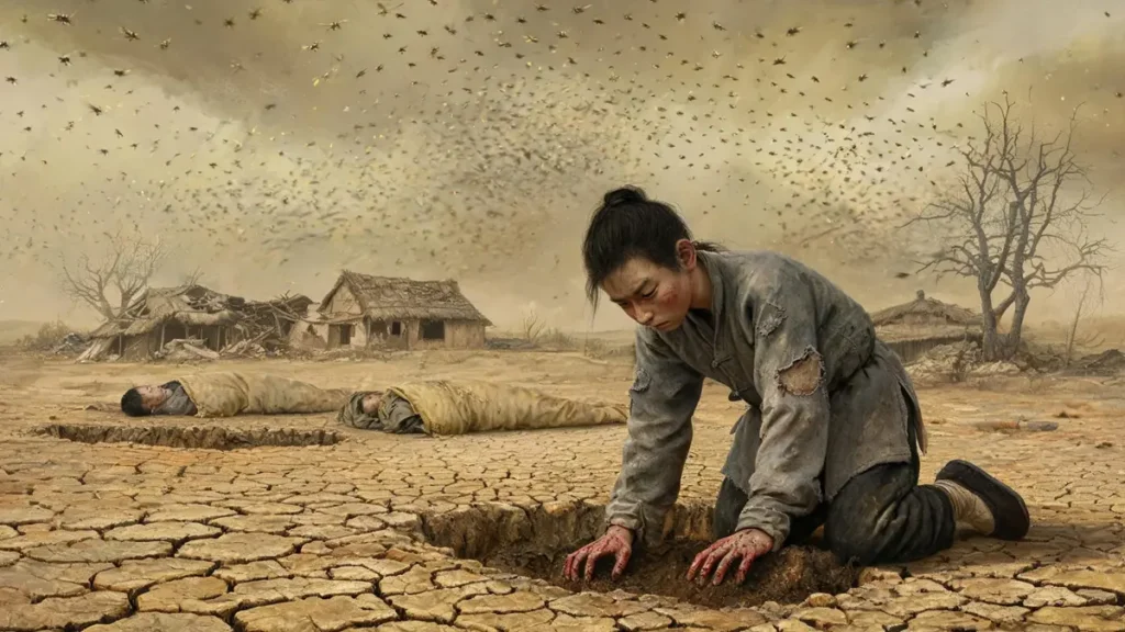A gaunt 16-year-old Zhu Yuanzhang kneeling on cracked earth burying his parents who died of plague during the great famine of 1344. Locusts darken the sky above a desolate village with dead trees and crumbling thatched huts.