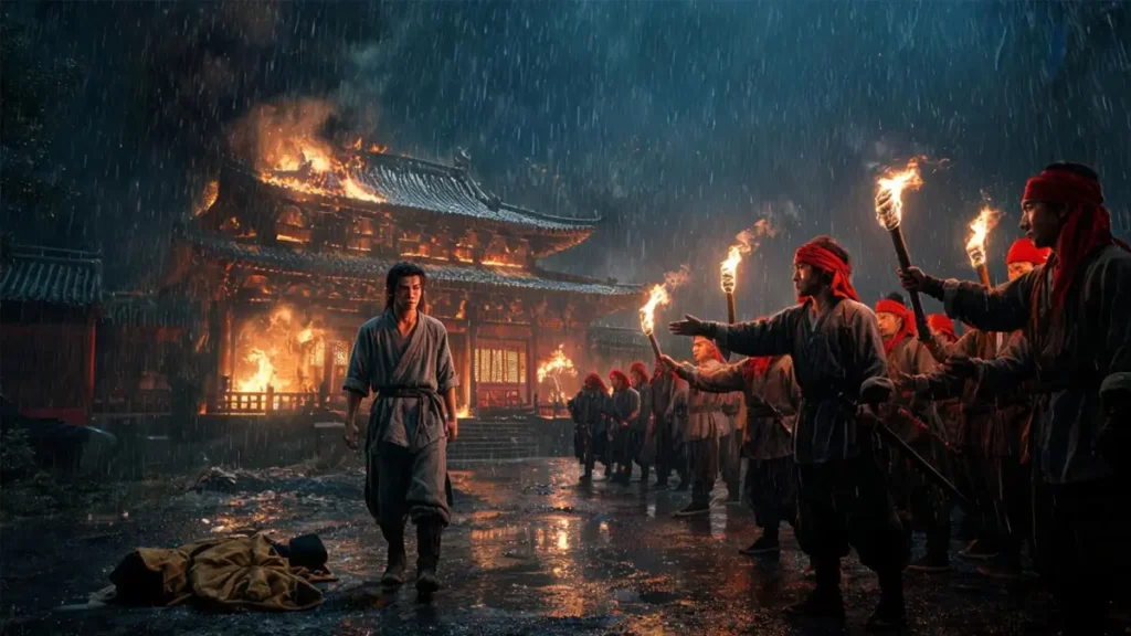 Zhu Yuanzhang discarding his monk robes and walking towards the Red Turban rebels in front of the burning Huangjue Temple, a pivotal turning point.