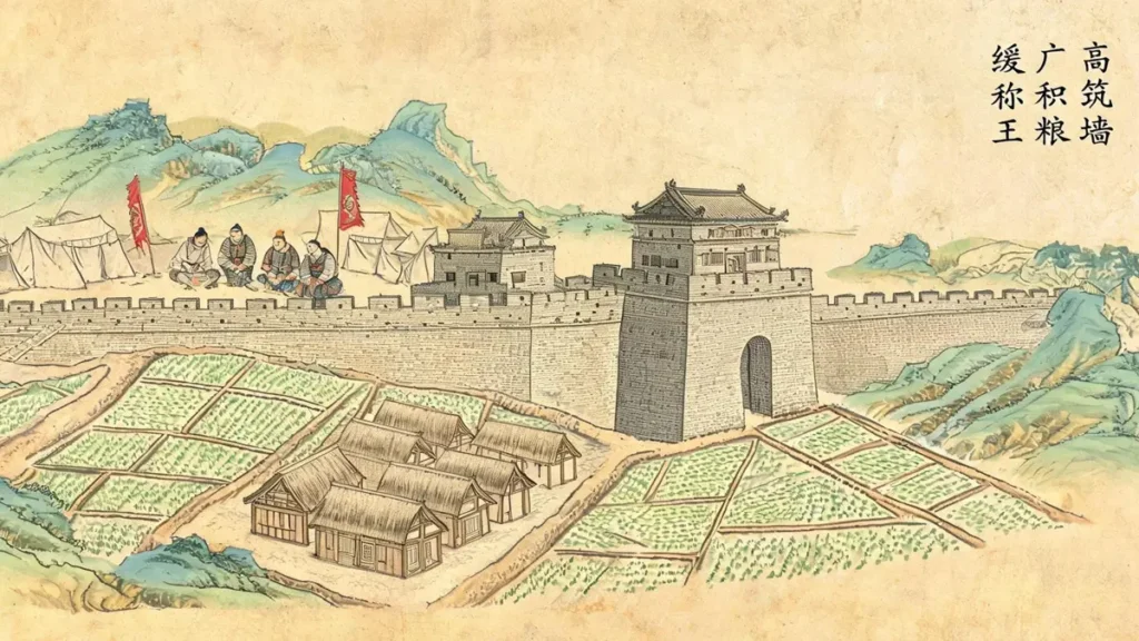 A Ming Dynasty-style strategic map illustrating Zhu Yuanzhang's nine-character strategy: "Build high walls, stockpile grain, delay calling yourself king," featuring city walls, granaries, and Ming army encampments.
