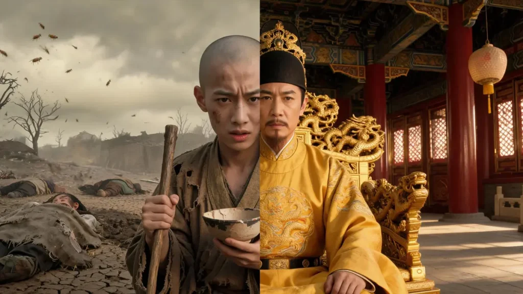 A striking split digital painting of Zhu Yuanzhang's transformation, half as a starving beggar in 1344, half as the founding Ming Emperor in ornate dragon robes.