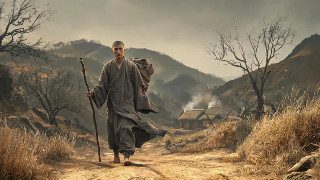 A young Ming dynasty itinerant monk in torn grey-brown robes walking alone with a wooden staff on a desolate mountain path in Huaixi, 1345, under an overcast sky