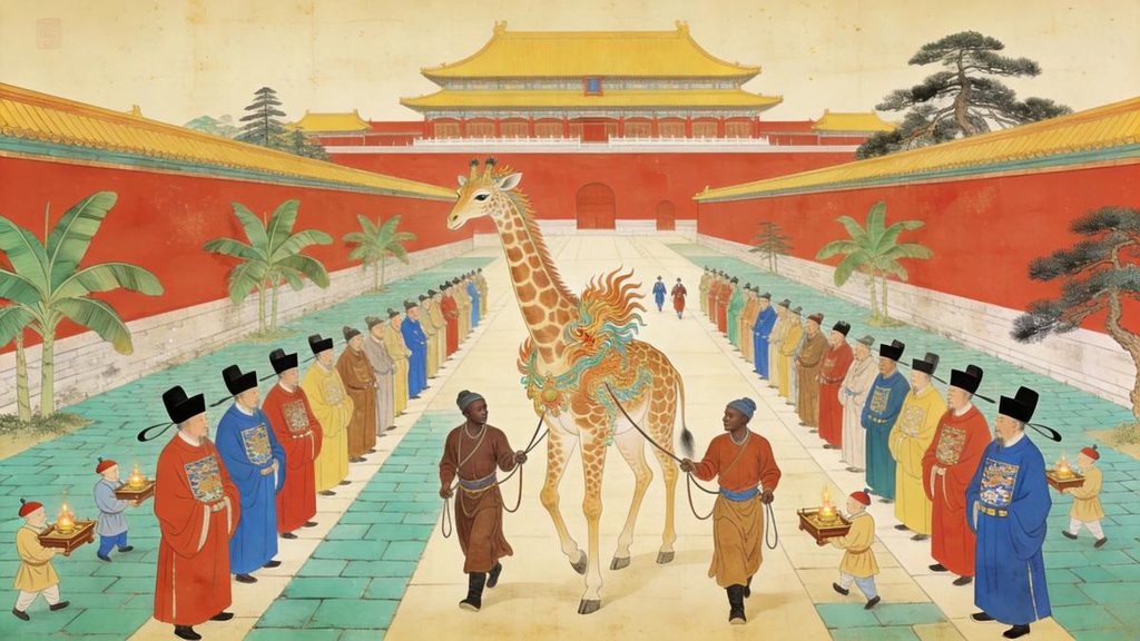 A Ming Dynasty painting depicting a "Qilin" (giraffe) brought back from Africa by Zheng He's fleet, regarded as an auspicious omen.