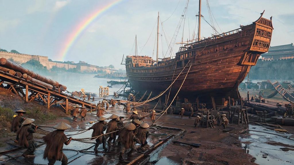 Massive Treasure Ships under construction at the Longjiang Shipyard in Nanjing during the Ming Dynasty, showcasing the era's advanced shipbuilding scale.