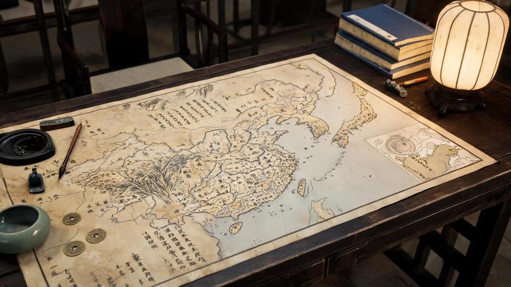 The unfolded Zheng He navigation map (Mao Kun map) preserved in the Wubei Zhi, showing the route from Nanjing to Hormuz.