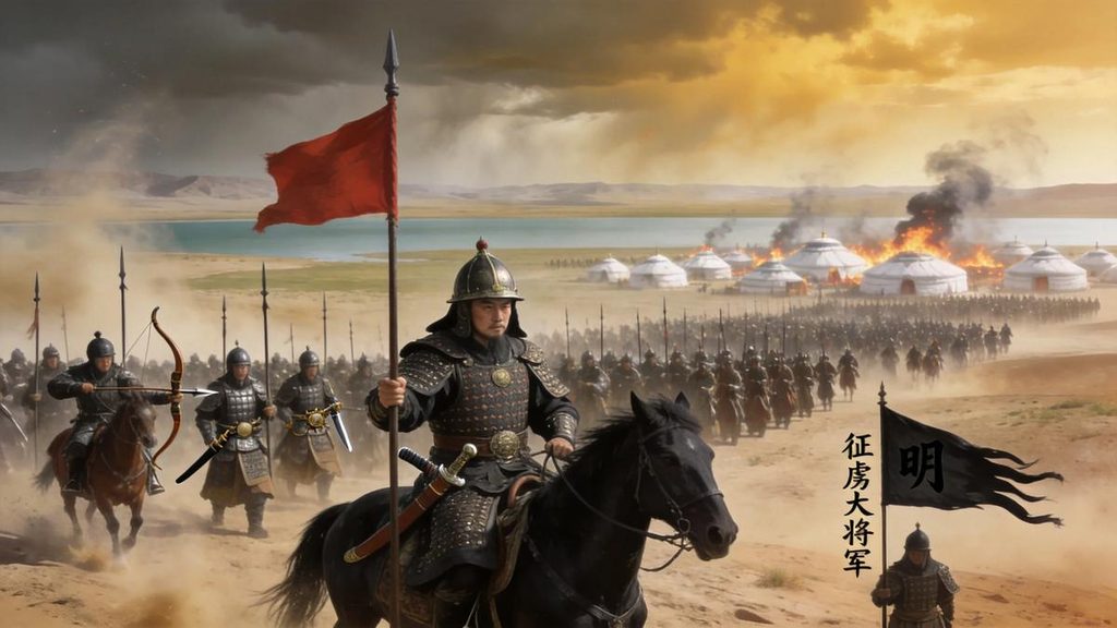 •The Battle of Buir Lake in 1388, where Ming Dynasty General Lan Yu led 150,000 troops in a surprise attack on the Northern Yuan camp, with cavalry charging through a sandstorm.