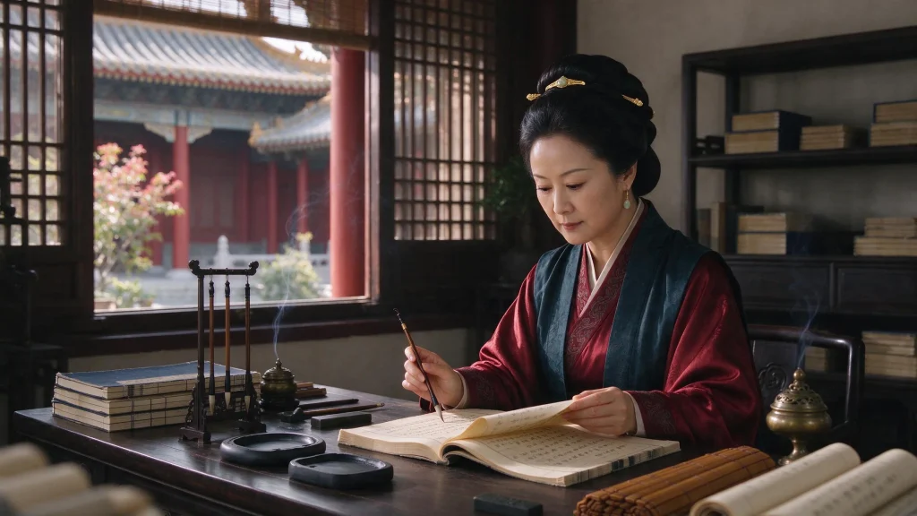 Empress Ma reading historical texts in the palace library, showing her love for books and history