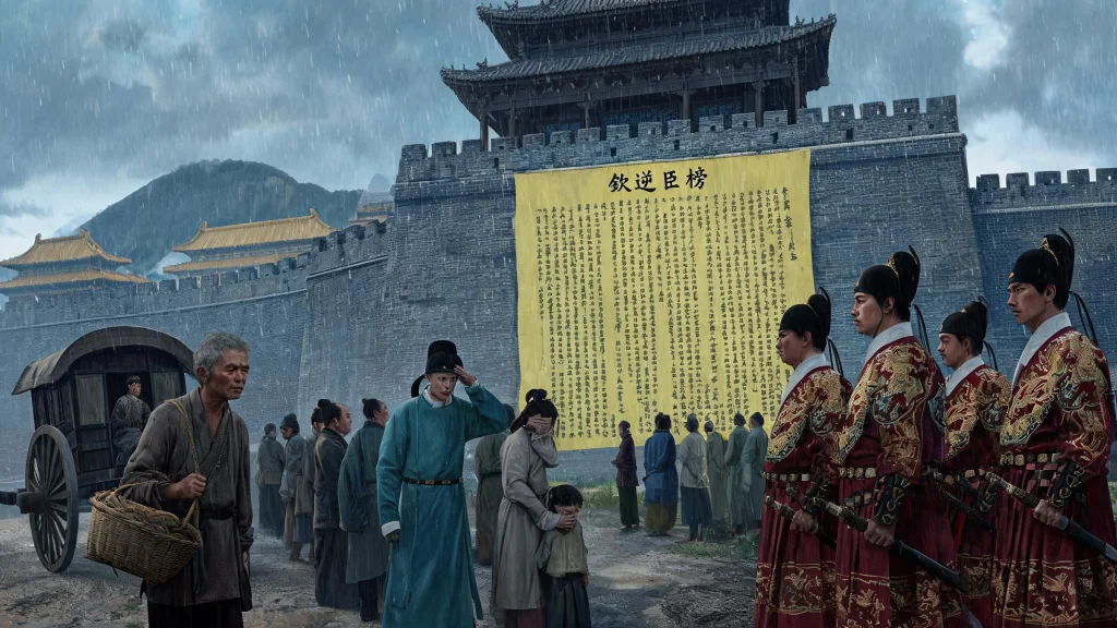 锦衣卫 guards in fly-eagle robes post the Record of Treasonous Officials on a Ming Dynasty city gate as terrified citizens gather to read the list of executed nobles.