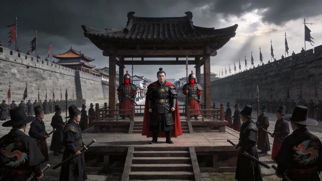 •The execution of Lan Yu, Duke of Liang, in Nanjing in 1393 during the Hongwu reign of the Ming Dynasty, with Jinyiwei (Embroidered Uniform Guard) soldiers standing guard and the Nanjing city wall in the background.