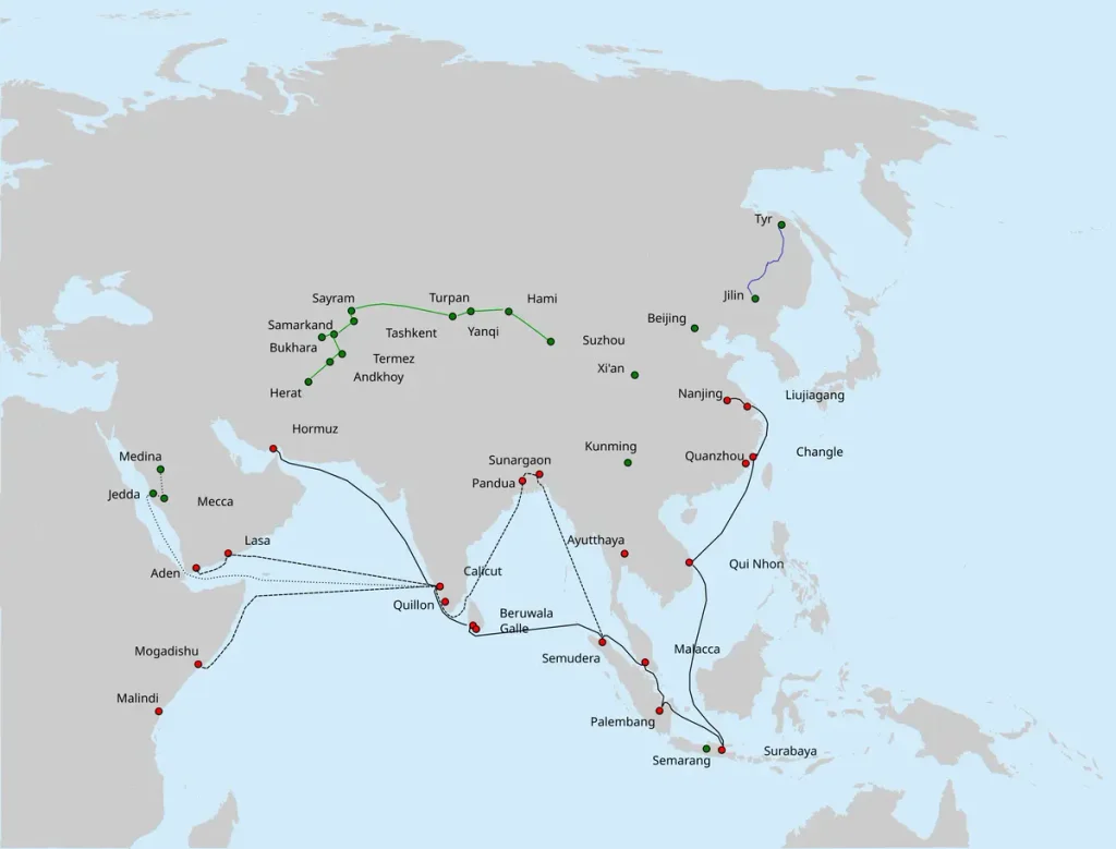 Map of Zheng He's seven voyages showing the Ming treasure fleet routes from Nanjing across Southeast Asia, the Indian Ocean and the East African coast