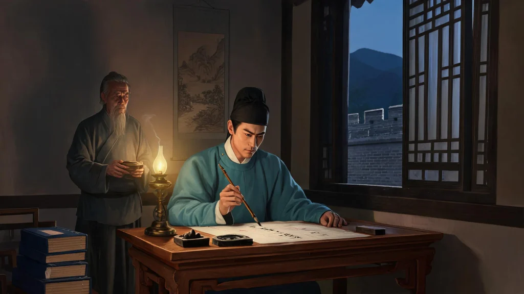 A Ming Dynasty scholar Zheng Shili writing a memorial by lamplight, with writing brush, inkstone and rice paper on the desk, and the Nanjing city wall visible outside the window.