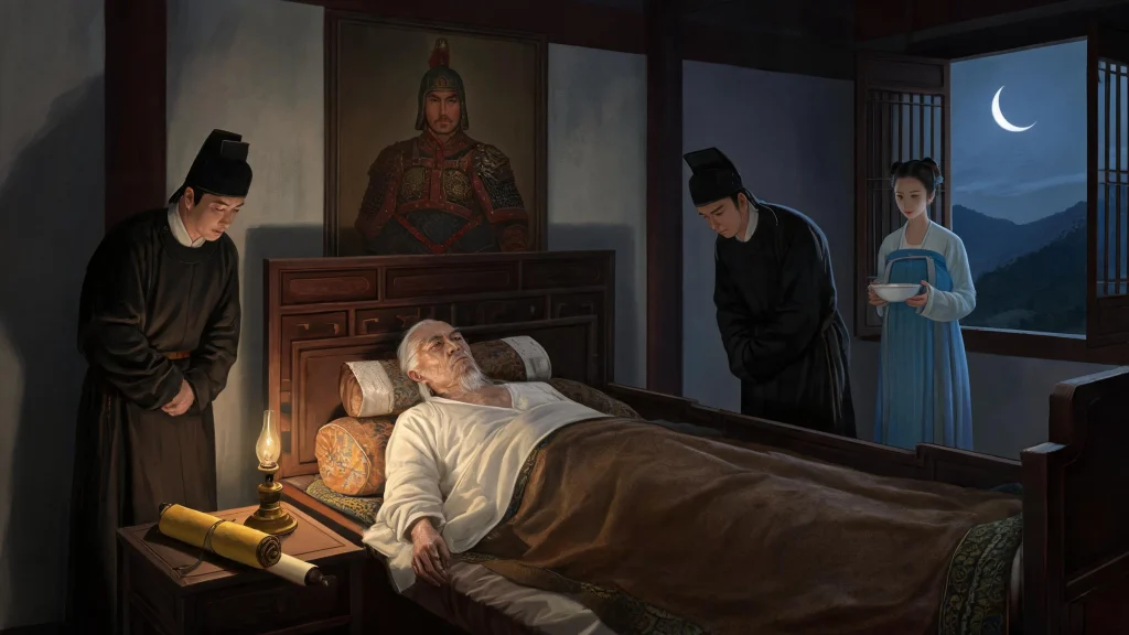 The dying Zhu Yuanzhang lies in his bed in the Western Palace of Nanjing, his last edict resting on the nightstand, with eunuchs and palace maids standing watch as his life fades.