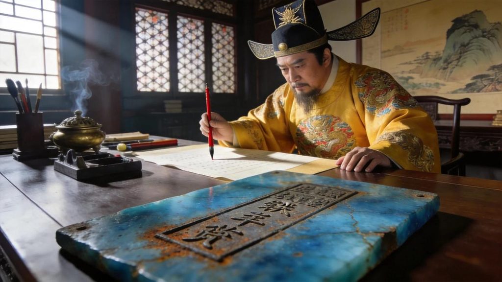 •Emperor Hongwu of Ming Dynasty sitting at his imperial desk in the palace study, looking grave as he reviews memorials, with an iron warrant inscribed with Lan Yu’s faults lying on the desk.