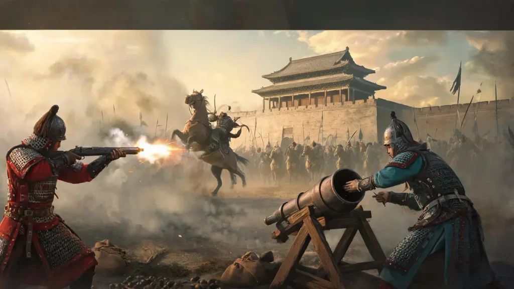 Ming Shenjiying (firearm battalion) troops ambushing Oirat cavalry with hand cannons outside Desheng Gate during the Defense of Beijing.