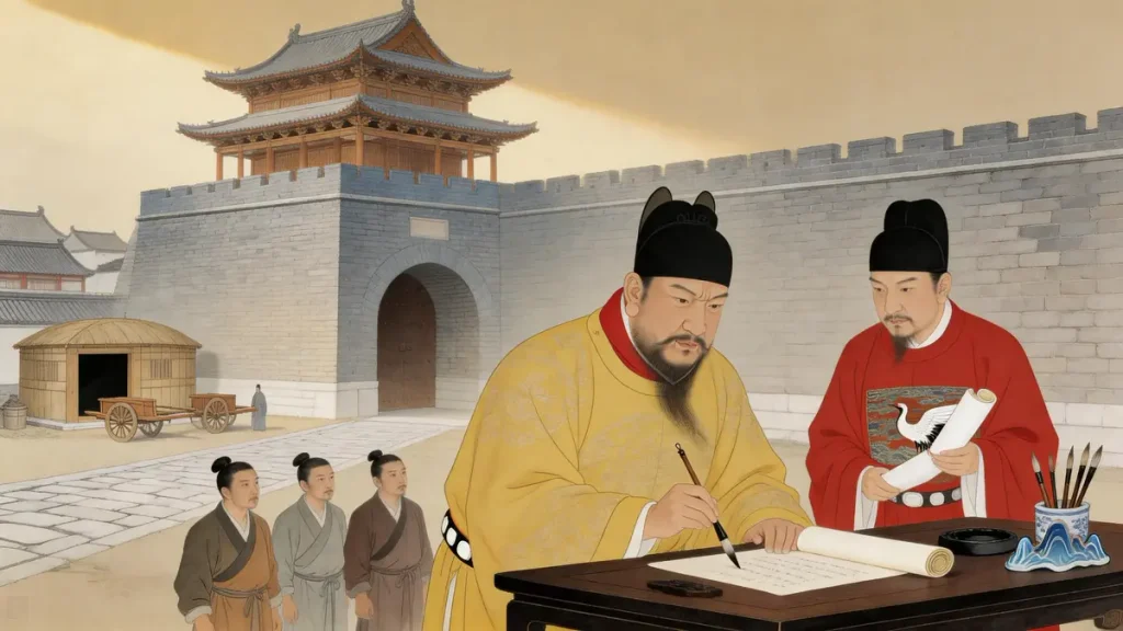 Reconstruction illustration of the Hongxi Emperor drafting a tax-cancellation edict on a gate tower, wearing Ming dynasty court attire, with grey-tiled city walls and granaries in the background.
