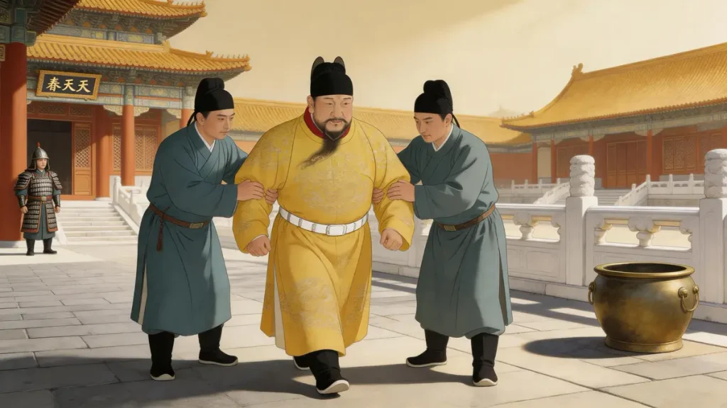 Reconstruction illustration of the Hongxi Emperor, obese and lame, supported by two eunuchs as he walks across a Ming palace courtyard, wearing the winged crown and dragon robe.