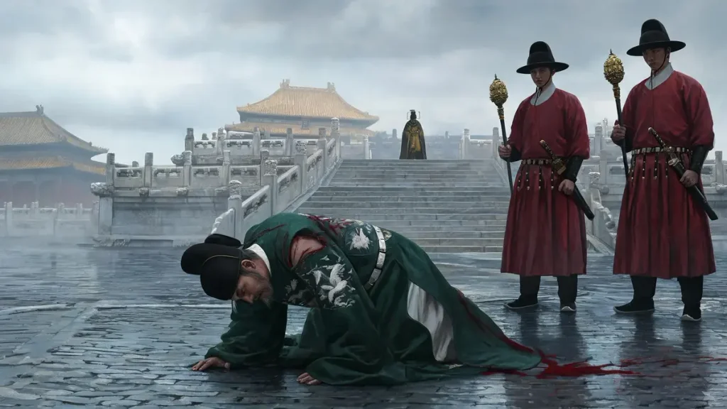 Reconstruction illustration of Ming official Li Shimian being beaten with a golden mace by Embroidered Uniform Guard officers outside a palace hall after offending the Hongxi Emperor.