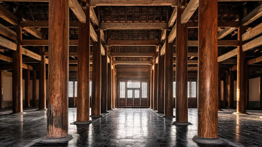 The interior of the Ling'en Hall at Changling, showing the massive nanmu columns of the Ming dynasty.