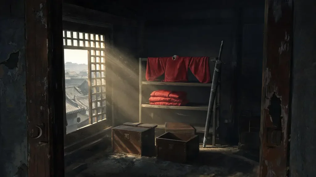 The locked room in Yu Qian’s confiscated residence, containing only his Ming official robes and the sword bestowed by the emperor.