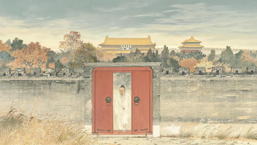 Zhu Wengui, the “Jian commoner,” emerging from decades of confinement, the distant Ming imperial tomb visible, the scene rendered entirely in Ming visual language.