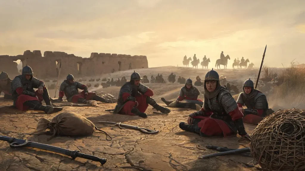Historical illustration of exhausted Ming soldiers collapsing from thirst outside the rammed-earth walls of Tumu Fort during the 1449 Tumu Crisis.