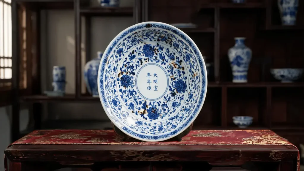 A large Xuande-era Ming blue and white dish with lotus scroll design resting on a wooden table in a Ming palace setting, with the six-character Xuande mark visible on the base.