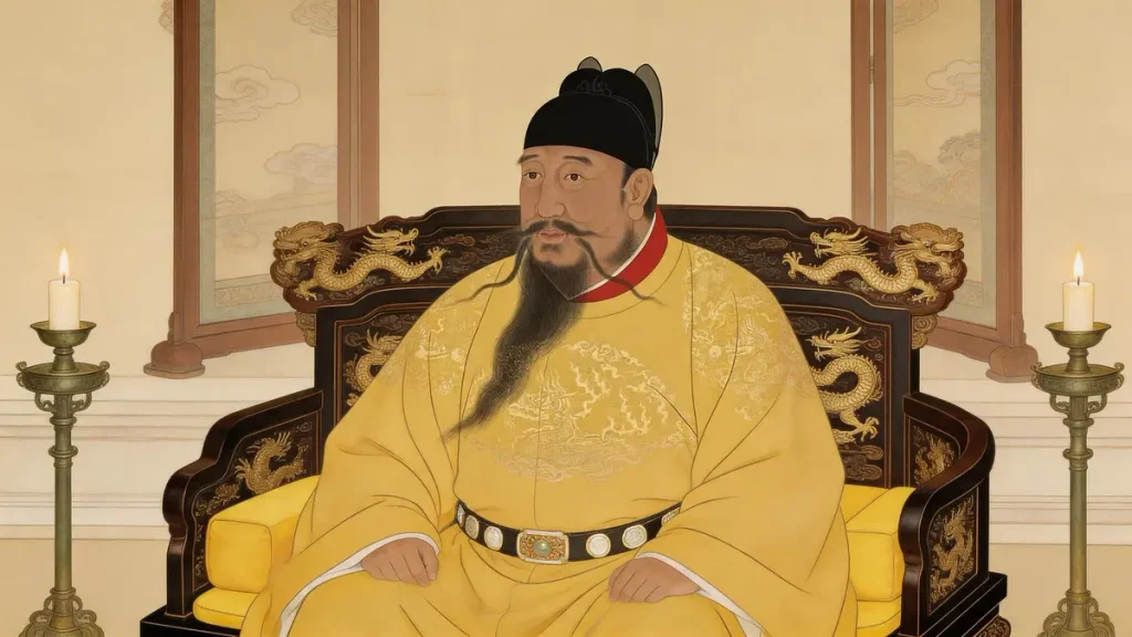 Seated portrait of the Yongle Emperor in Ming dynasty court dress, wearing a black Yishan crown and a yellow robe with golden dragon roundels.