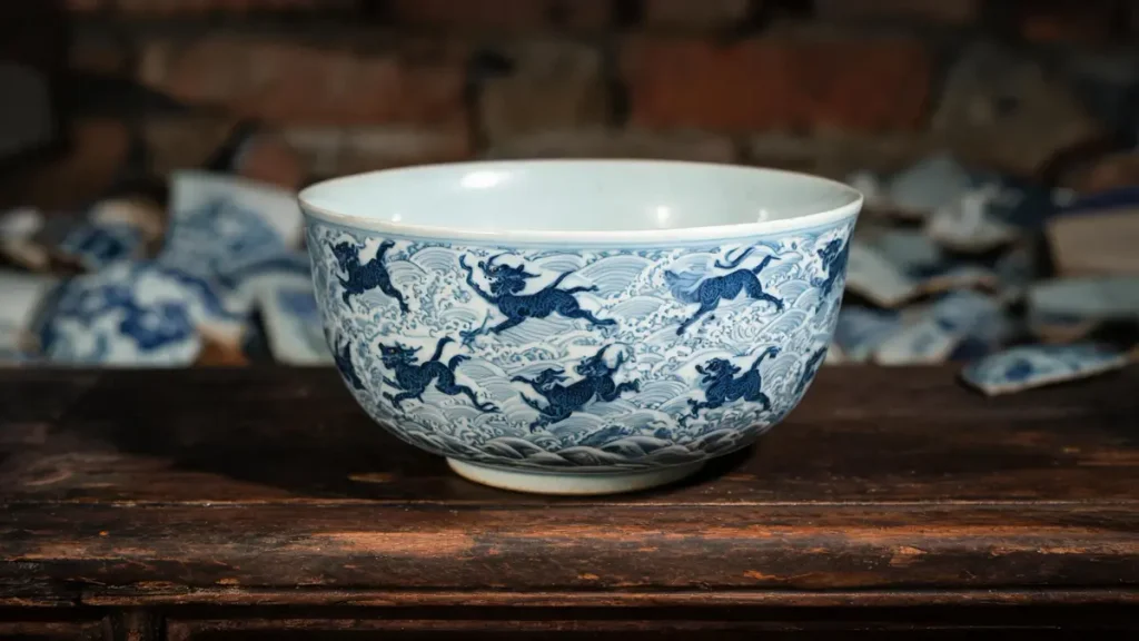 A Ming Zhengtong blue-and-white bowl with sea waves and mythical beasts, excavated from Jingdezhen imperial kiln site, illustrating the “blank period” porcelain style.