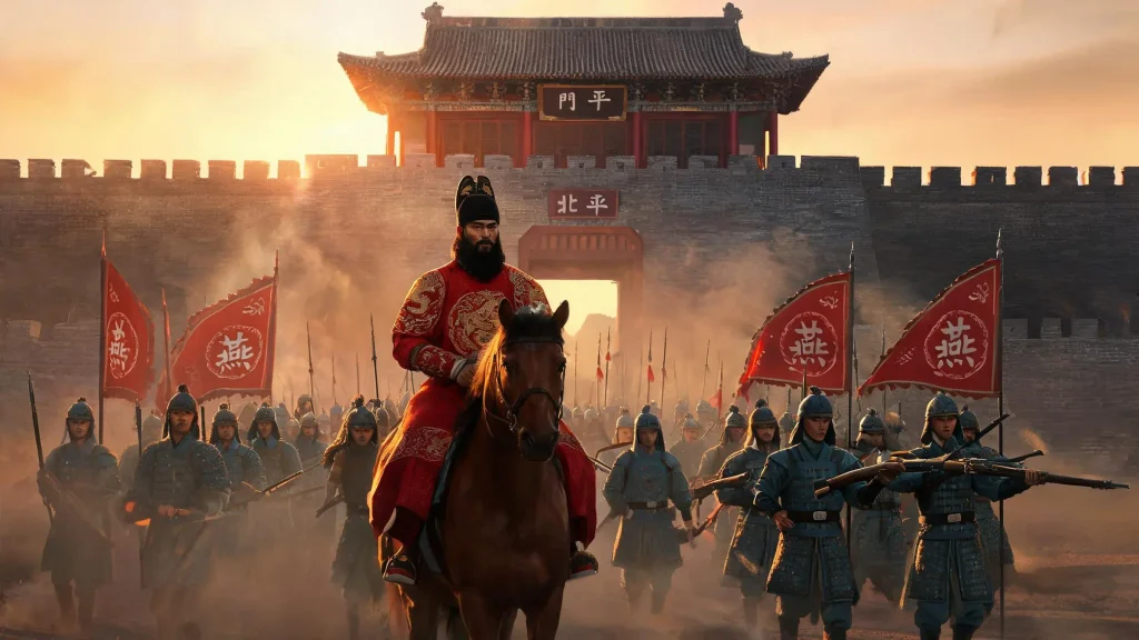 Zhu Di, Prince of Yan, seizing the gates of Beiping with his picked troops, wearing Ming princely regalia, the soldiers and city gate architecture entirely early Ming.