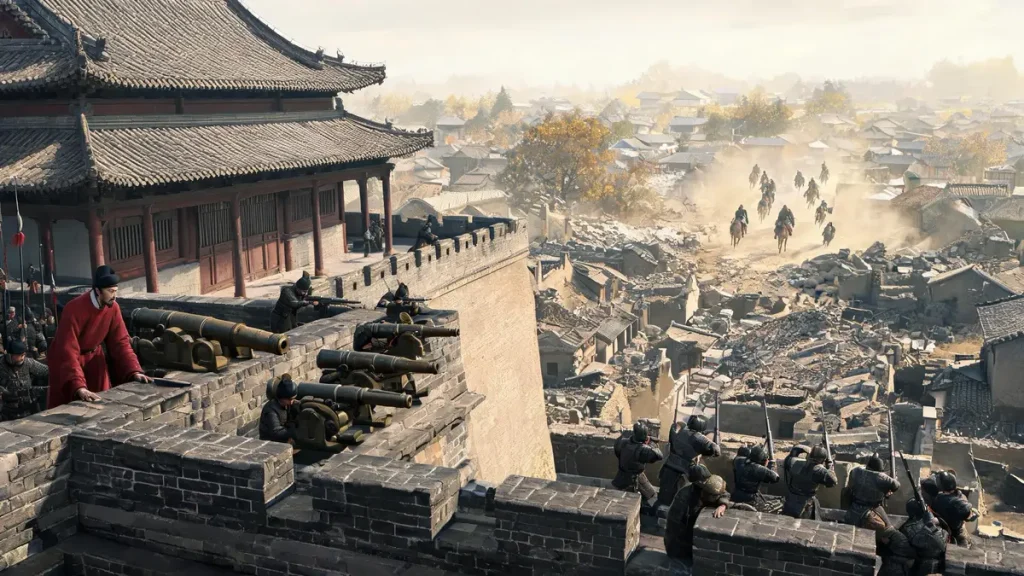 Ming ambush at Desheng Gate during the defense of Beijing, with cannons on the wall ready to fire