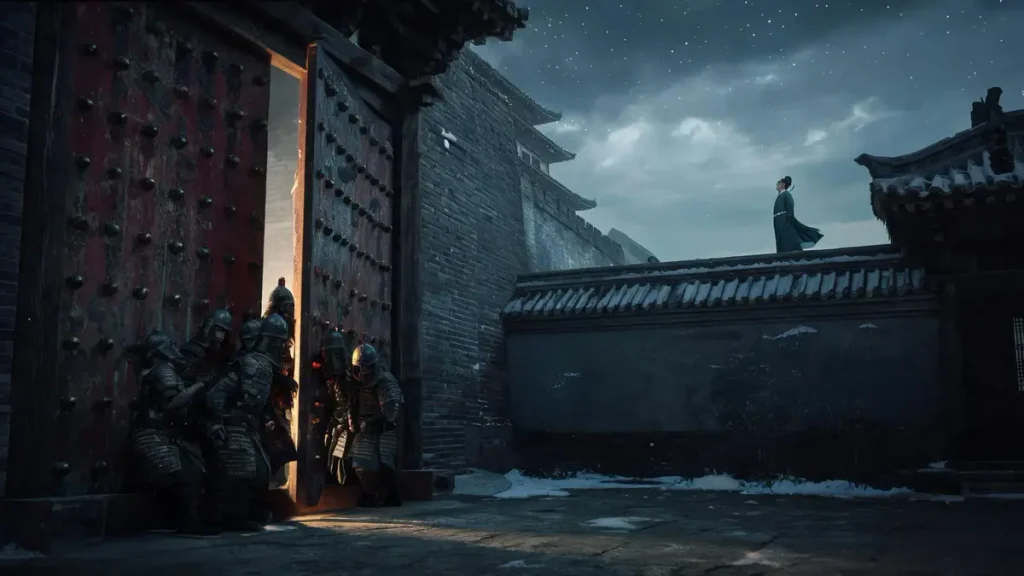 Ming dynasty night scene before the Duomen coup, soldiers slipping through a crack in Chang'an Gate while Xu Youzhen observes the stars from a rooftop