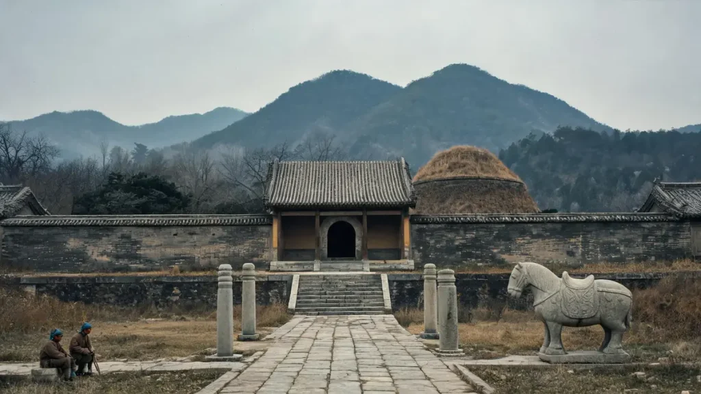 The Jingtai Emperor’s princely grave in the Western Hills: grey-tiled hall and grass-covered mound