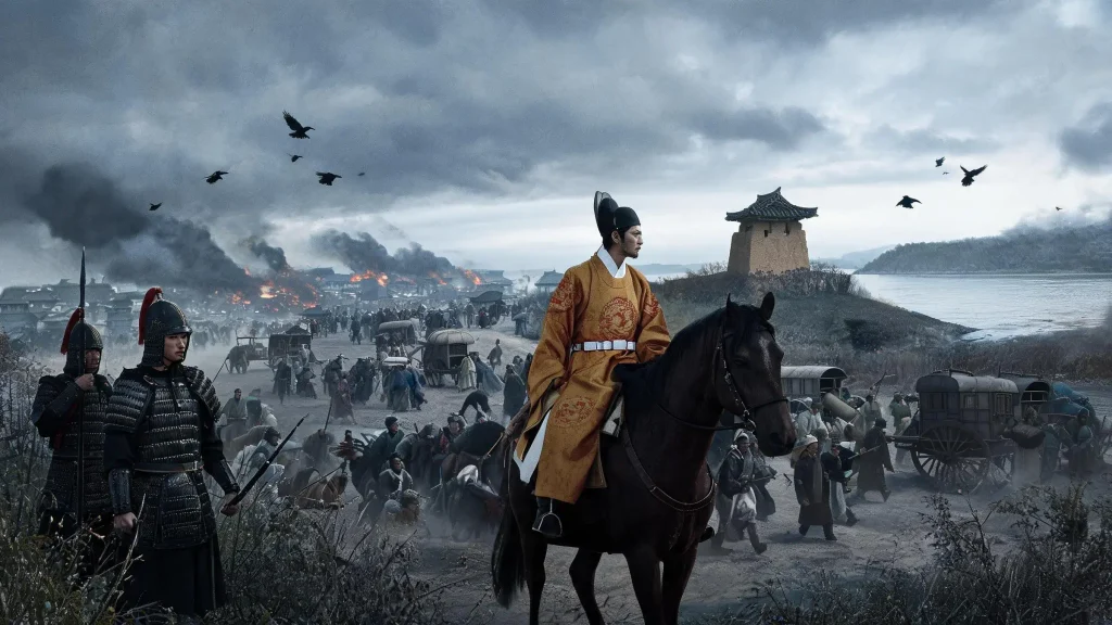 King Yi Yeon of Korea fleeing northward to Uiju during the Imjin War, looking back at burning Hanseong