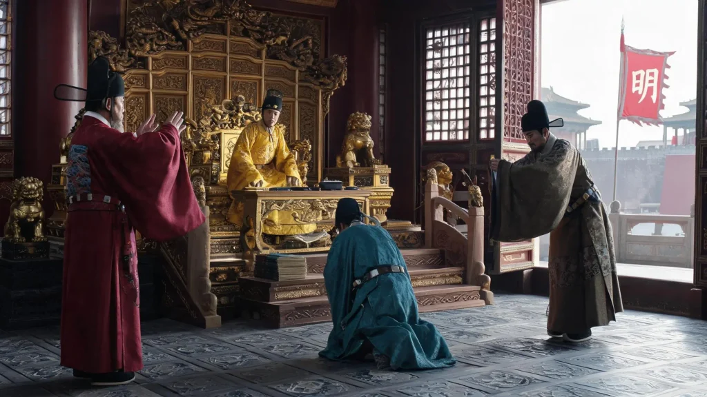 The Ming court debate over whether to intervene in Korea, with the Wanli Emperor seated on the dragon throne