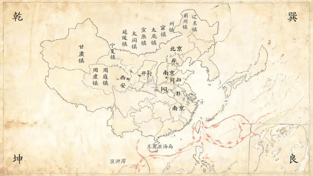 Map of Ming Dynasty territory showing major cities and Zheng He's maritime routes