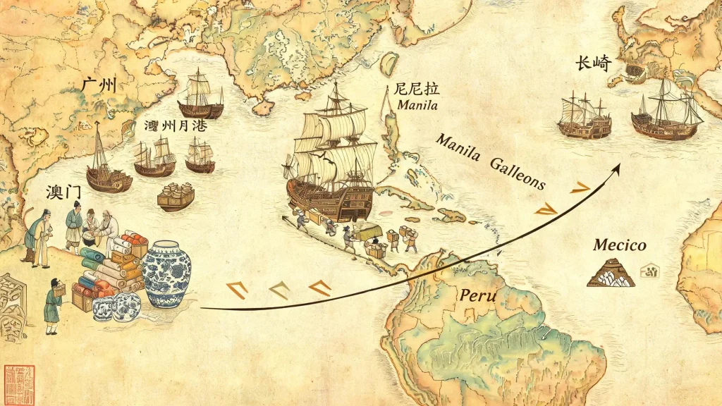 Map illustrating global silver trade routes during the Wanli reign, showing silver flows from Japan and the Americas through Manila to China