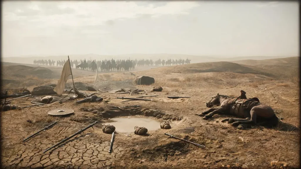 Aftermath of the Tumu Crisis: scattered Ming weapons and banners on a dry battlefield, Oirat cavalry in the distance