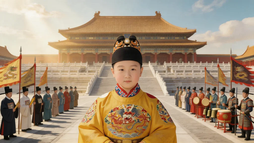 Ten-year-old Zhu Yijun ascending the throne as the Wanli Emperor at the Hall of Supreme Harmony in the Forbidden City