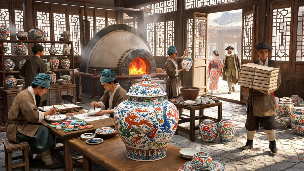 Jingdezhen kiln workers producing and decorating wucai (five-color) porcelain during the Wanli reign