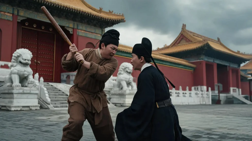 Historical reconstruction of Zhang Cha striking eunuch Li Jian at the Ciqing Palace gate with a jujube wood stick during the Wanli reign