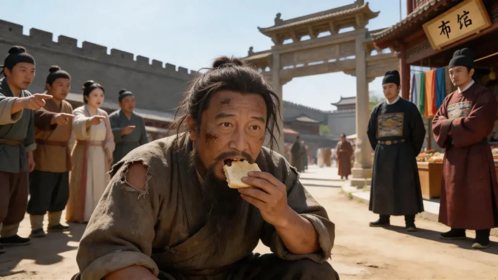 Prince Zhu Di feigns madness in the streets of Beiping, behaving erratically to convince the emperor’s spies that he has lost his mind.