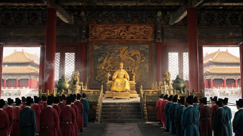 Emperor Zhu Yuanzhang on the throne during a Hongwu-era court session